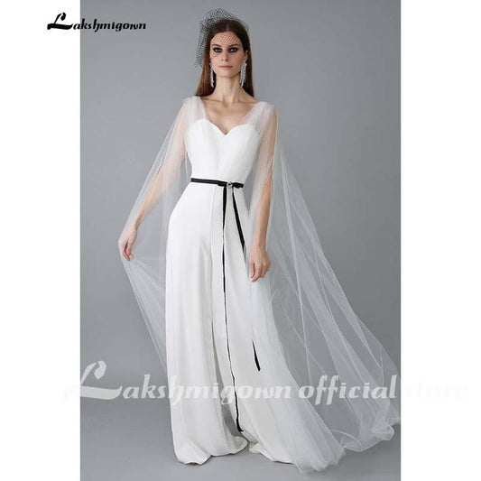 Ivory Chiffon Jumpsuits Wedding Dresses with cape - ROYCEBRIDAL OFFICIAL STORE