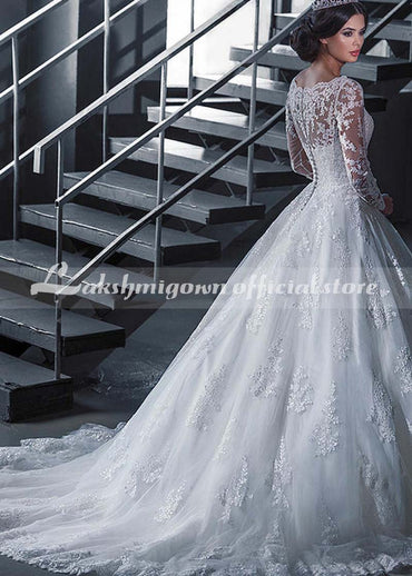 Ivory Lace Tulle Beaded Floor Length Wedding Dress - ROYCEBRIDAL OFFICIAL STORE