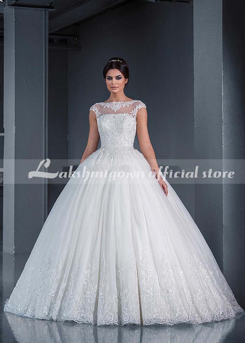 Ivory Lace Tulle Beaded Wedding Dress Ball Gown - ROYCEBRIDAL OFFICIAL STORE