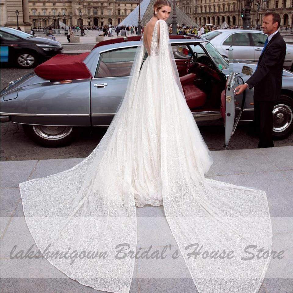 Ivory Tulle Wedding Dress Long Cape V Neck - ROYCEBRIDAL OFFICIAL STORE