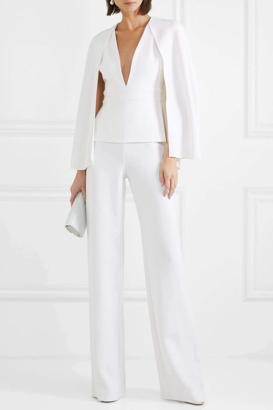 Ivory Wedding Jumpsuit With Jacket Deep V Neck Satin - ROYCEBRIDAL OFFICIAL STORE