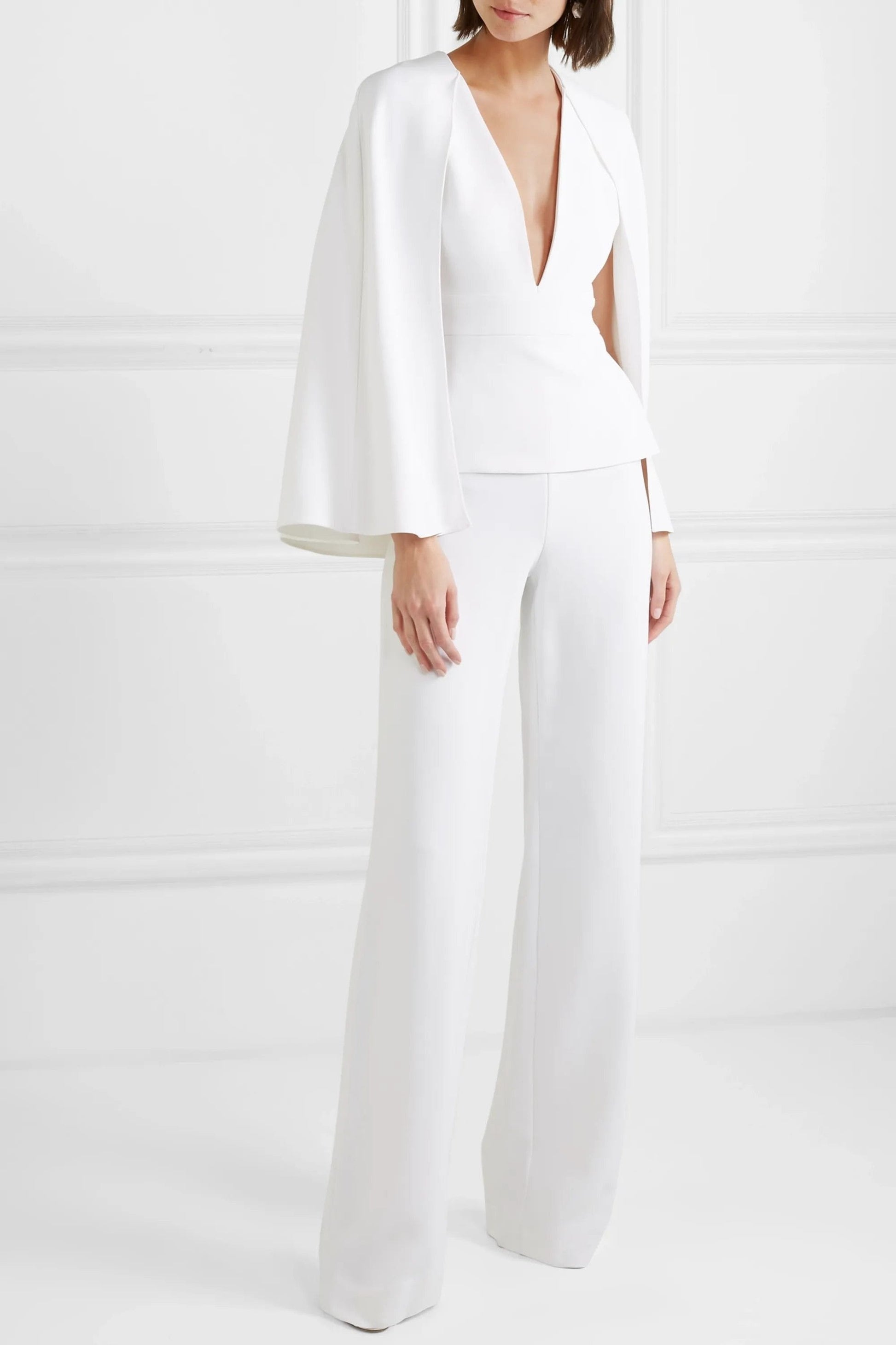 Ivory Wedding Jumpsuit With Jacket Deep V Neck Satin - ROYCEBRIDAL OFFICIAL STORE