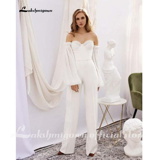 Jumpsuit Wedding dress With Detachable long sleeves - ROYCEBRIDAL OFFICIAL STORE