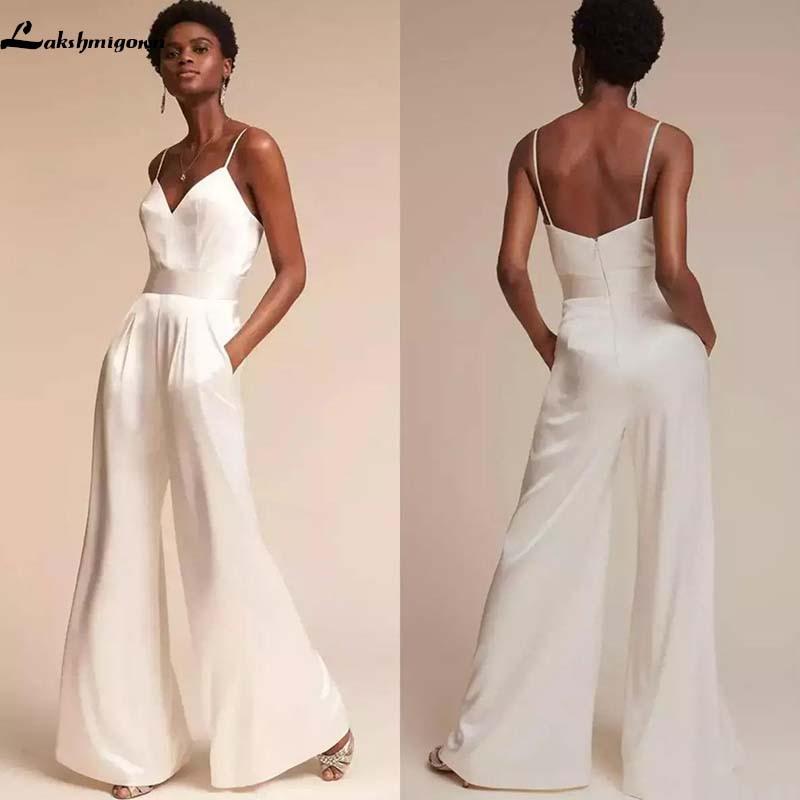 Jumpsuit wedding Dresses with Pockets ad Spaghetti Neck - ROYCEBRIDAL OFFICIAL STORE