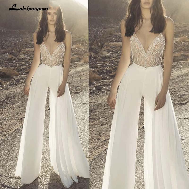 Jumpsuits Beach Wedding Dresses V Neck Beads Lace Appliqued - ROYCEBRIDAL OFFICIAL STORE