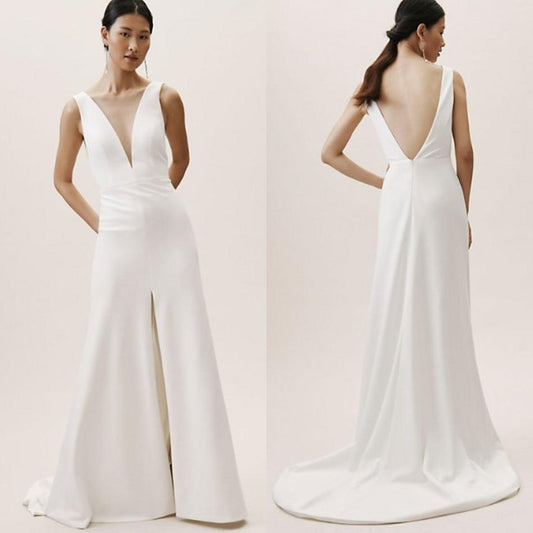 Jumpsuits Sleeveless Wedding Dresses Deep V Neck - ROYCEBRIDAL OFFICIAL STORE