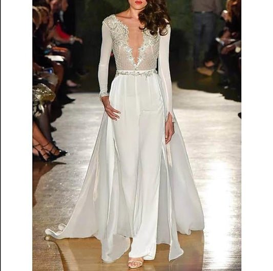 Jumpsuits V Neck Floor Length Polyester Long Sleeve Wedding Dresses - ROYCEBRIDAL OFFICIAL STORE