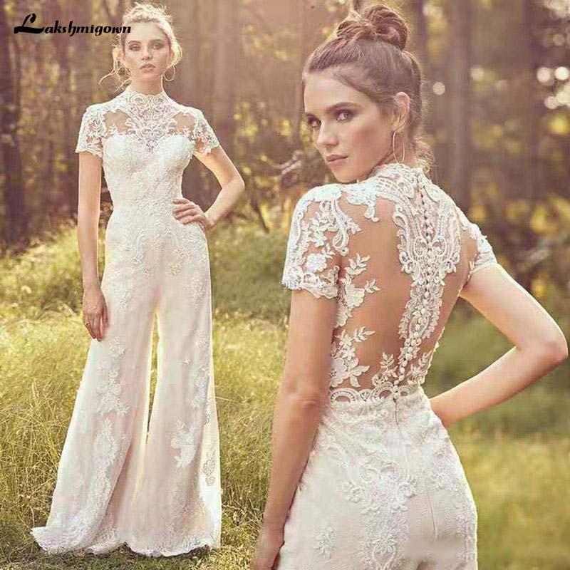 Jumpsuits Wedding Dresses High Neck Short Sleeve Lace - ROYCEBRIDAL OFFICIAL STORE