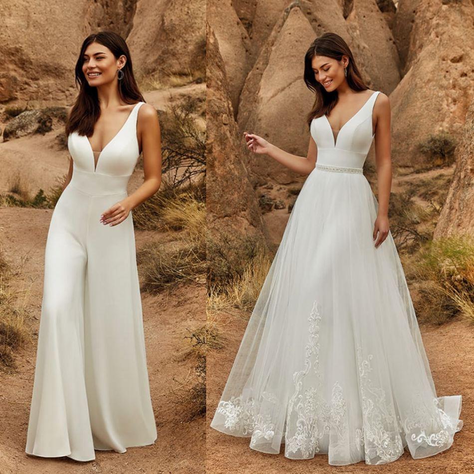 Jumpsuits Wedding Dresses With Detachable Skirt Beaded Lace - ROYCEBRIDAL OFFICIAL STORE