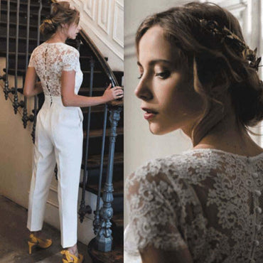 Lace Applique Jumpsuits V Neck Elegant Ivory Wedding Dresses - ROYCEBRIDAL OFFICIAL STORE