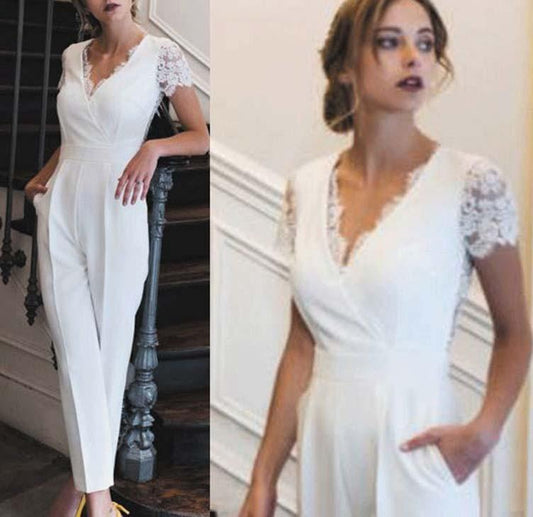 Lace Applique Jumpsuits V Neck Elegant Ivory Wedding Dresses - ROYCEBRIDAL OFFICIAL STORE