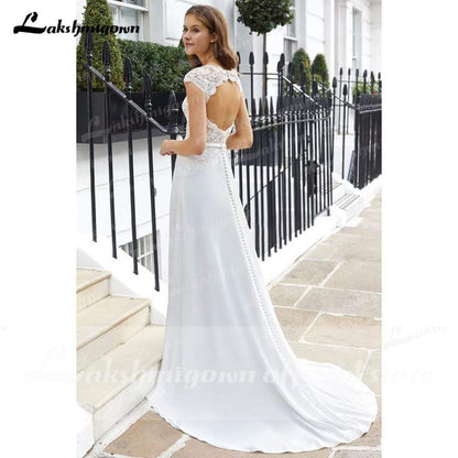 Lace Backless Cap Sleeve Wedding Dress With Back Buttons - ROYCEBRIDAL OFFICIAL STORE