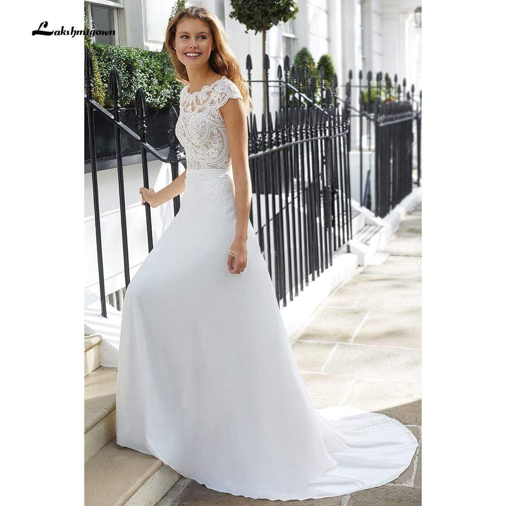 Lace Backless Cap Sleeve Wedding Dress With Back Buttons - ROYCEBRIDAL OFFICIAL STORE