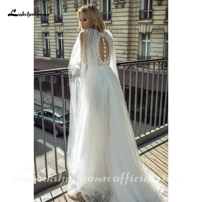 Lace Boho Wedding Dress with Cape Boat Neck Bridal Gown - ROYCEBRIDAL OFFICIAL STORE