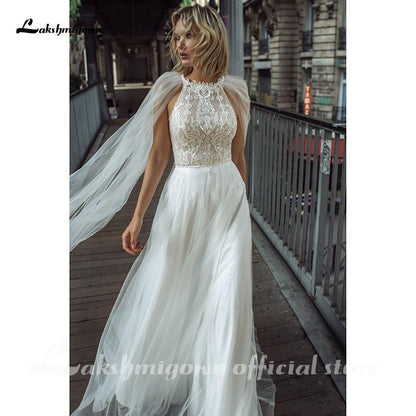 Lace Boho Wedding Dress with Cape Boat Neck Bridal Gown - ROYCEBRIDAL OFFICIAL STORE