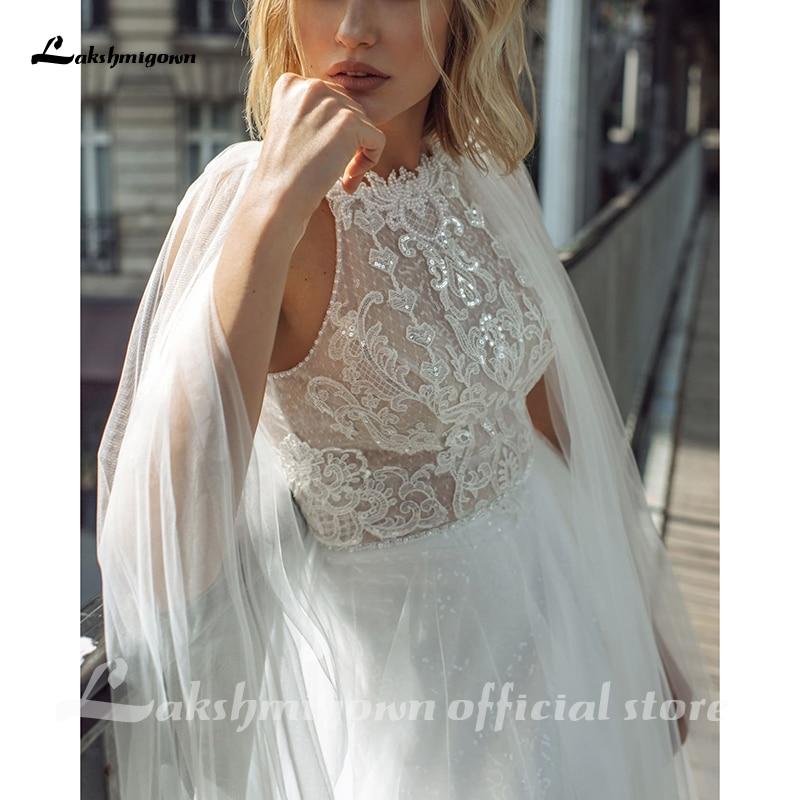 Lace Boho Wedding Dress with Cape Boat Neck Bridal Gown - ROYCEBRIDAL OFFICIAL STORE