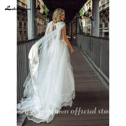 Lace Boho Wedding Dress with Cape Boat Neck Bridal Gown - ROYCEBRIDAL OFFICIAL STORE