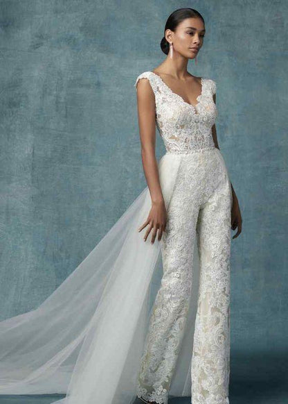 Lace Bridal jumpsuit Wedding pants dress Appliques Lace - ROYCEBRIDAL OFFICIAL STORE