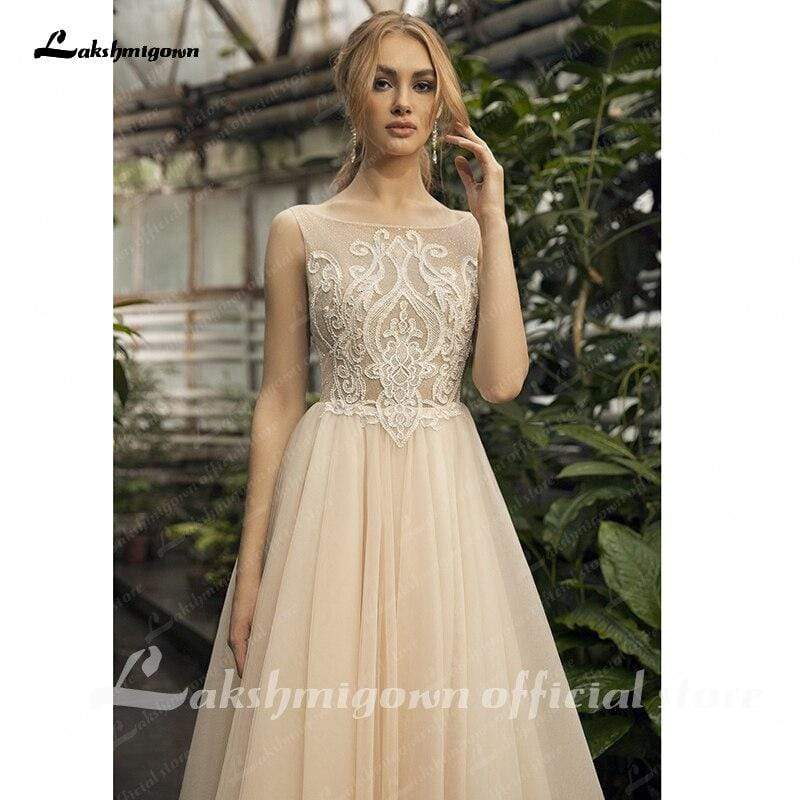 Lace Champagne Wedding Dresses Lace Appliques - ROYCEBRIDAL OFFICIAL STORE