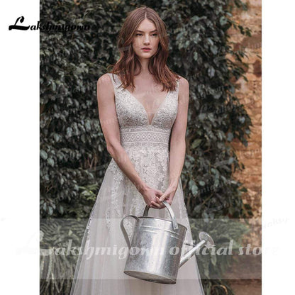 Lace Deep V Neck Sleeveless Sexy Backless Wedding Dresses - ROYCEBRIDAL OFFICIAL STORE