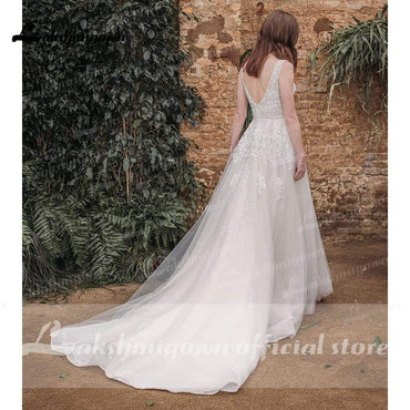 Lace Deep V Neck Sleeveless Sexy Backless Wedding Dresses - ROYCEBRIDAL OFFICIAL STORE