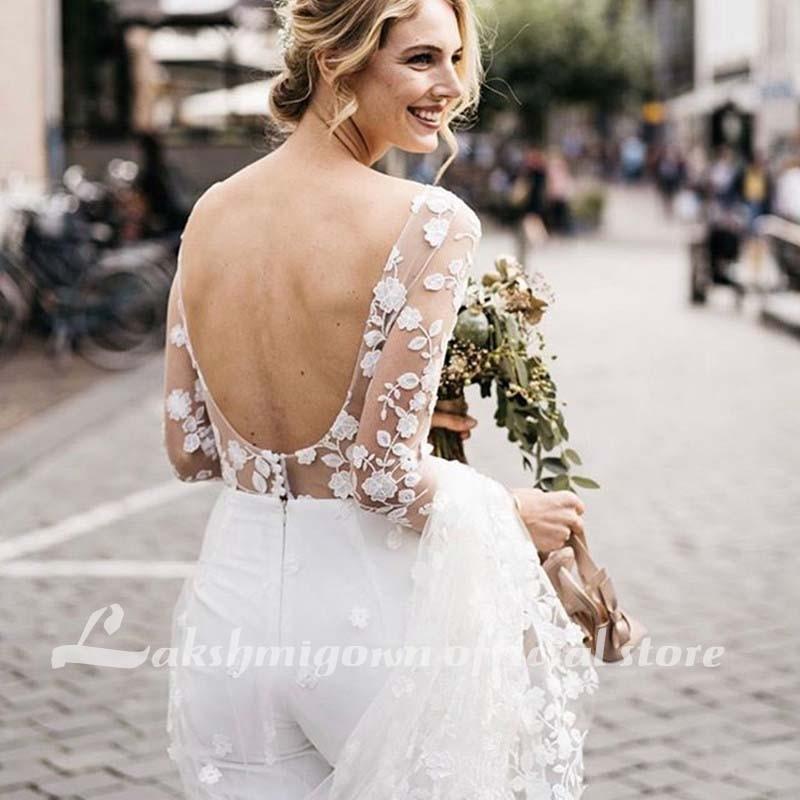 Lace Floral Wedding Jumpsuit With Train Jewel Neck Long Sleeve - ROYCEBRIDAL OFFICIAL STORE