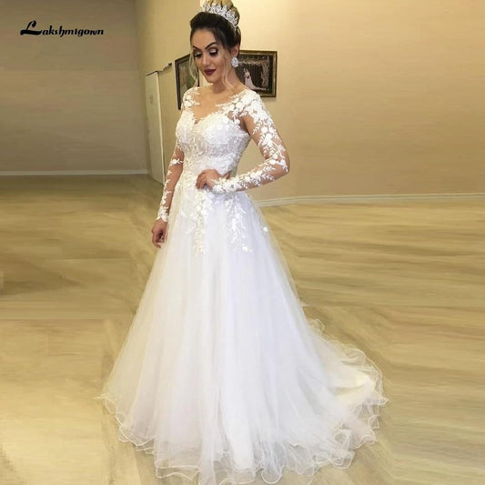 Lace Long Sleeves Bride Gown with Tulle Skirt Sexy African A Line Wedding Dresses - ROYCEBRIDAL OFFICIAL STORE