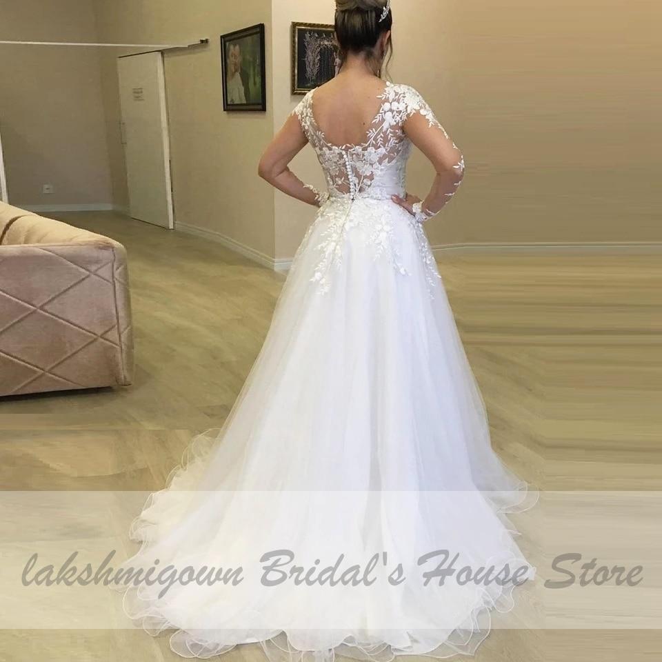 Lace Long Sleeves Bride Gown with Tulle Skirt Sexy African A Line Wedding Dresses - ROYCEBRIDAL OFFICIAL STORE