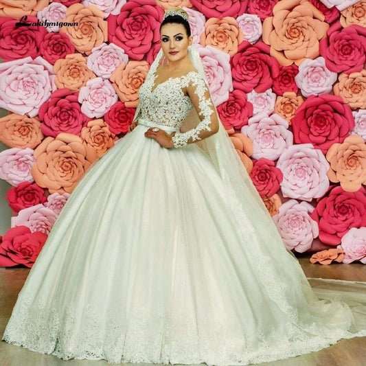 Lace Long Sleeves Wedding Gowns with Appliqued Train - ROYCEBRIDAL OFFICIAL STORE