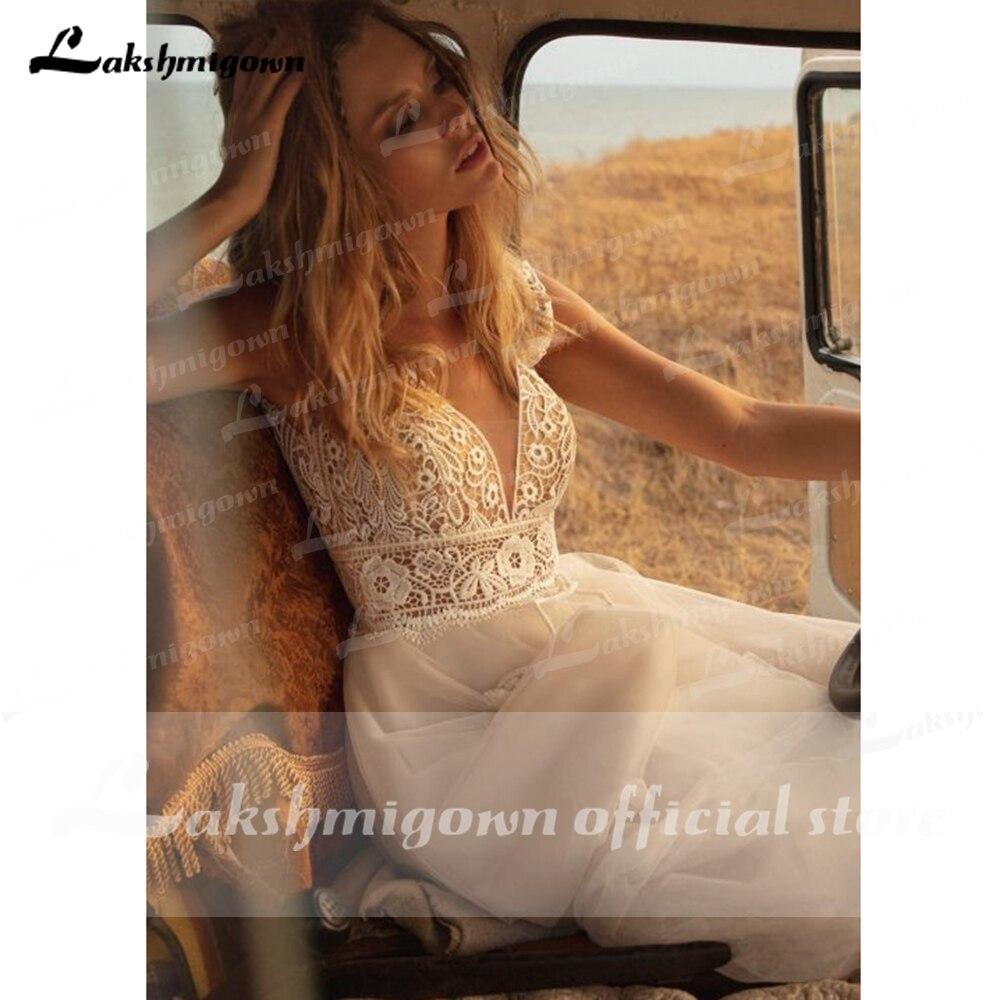 Lace Top Deep V-neck Wedding Dress Summer Sleeveless - ROYCEBRIDAL OFFICIAL STORE