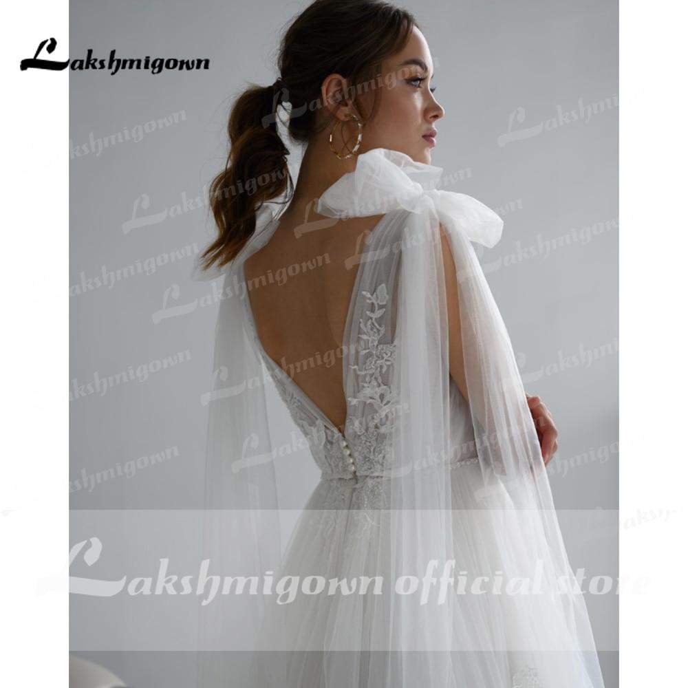 Lace Tulle Backless V Neck Bow Wedding Dresses - ROYCEBRIDAL OFFICIAL STORE