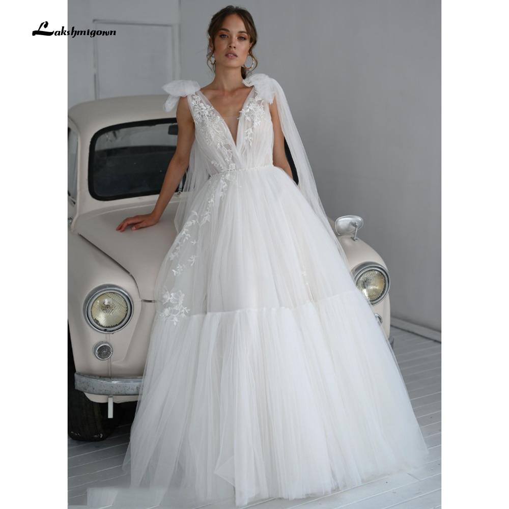 Lace Tulle Backless V Neck Bow Wedding Dresses - ROYCEBRIDAL OFFICIAL STORE