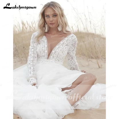 Lace Tulle Deep V Neck Backless Long Sleeve - ROYCEBRIDAL OFFICIAL STORE