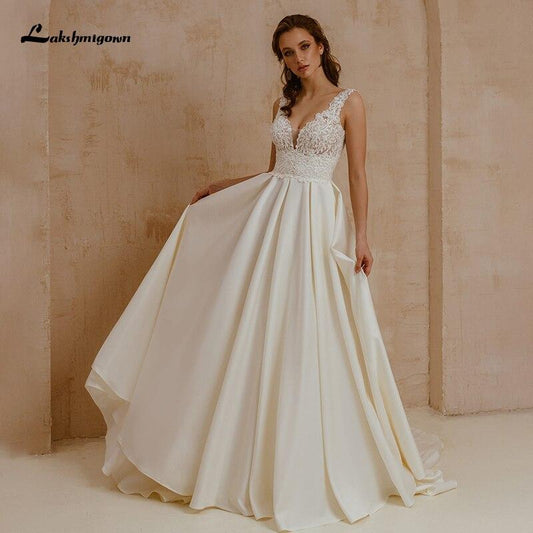 Lace V Neck A Line Wedding Dresses Beads Backless Elegant Satin - ROYCEBRIDAL OFFICIAL STORE