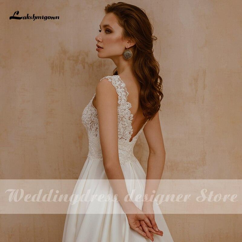 Lace V Neck A Line Wedding Dresses Beads Backless Elegant Satin - ROYCEBRIDAL OFFICIAL STORE