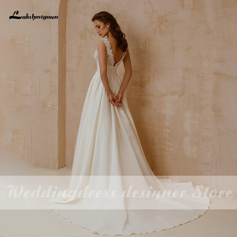 Lace V Neck A Line Wedding Dresses Beads Backless Elegant Satin - ROYCEBRIDAL OFFICIAL STORE