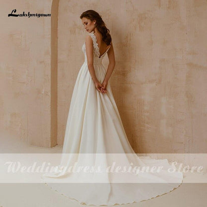 Lace V Neck A Line Wedding Dresses Beads Backless Elegant Satin - ROYCEBRIDAL OFFICIAL STORE