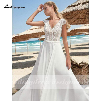 Lace Wedding Dresses 2021 V-Neck Backless Boho Beach Chiffon - ROYCEBRIDAL OFFICIAL STORE