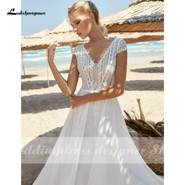 Lace Wedding Dresses 2021 V-Neck Backless Boho Beach Chiffon - ROYCEBRIDAL OFFICIAL STORE