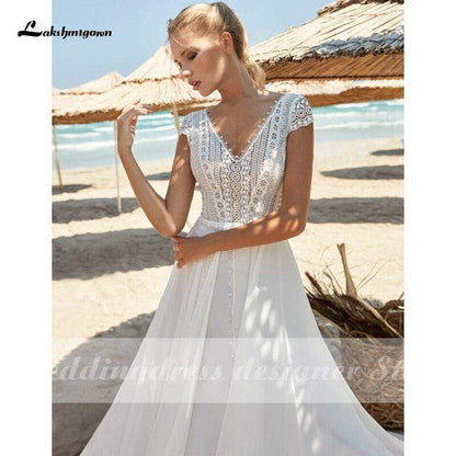 Lace Wedding Dresses 2021 V-Neck Backless Boho Beach Chiffon - ROYCEBRIDAL OFFICIAL STORE