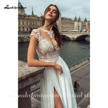 Lace Wedding Dresses chiffon Side Split Beach - ROYCEBRIDAL OFFICIAL STORE