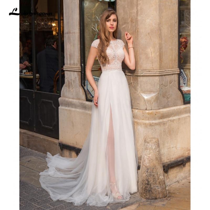 Lace Wedding Dresses high neck A Line High Slit - ROYCEBRIDAL OFFICIAL STORE