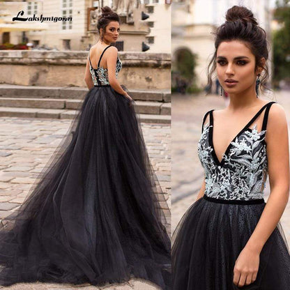 Lakshmigown A Line Black Wedding Dress V NeckSleeveless Sexy - ROYCEBRIDAL OFFICIAL STORE