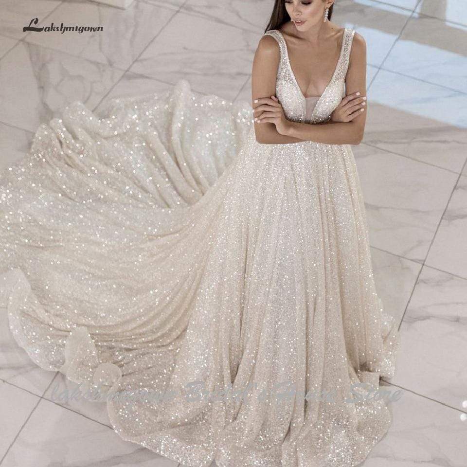 Lakshmigown Bling Bling Open Back A Line Wedding Dress 2020 Vestidos de Novia Sexy Bridal Gown Plunging Wedding Gowns Long Train - ROYCEBRIDAL OFFICIAL STORE