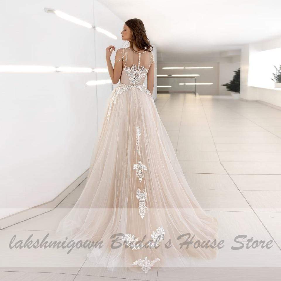 Lakshmigown Classic Champagne Wedding Dress V-Neck Lace Appliques Princess Tulle Long Bridal Dress 2021 Receipt Wedding Gowns - ROYCEBRIDAL OFFICIAL STORE