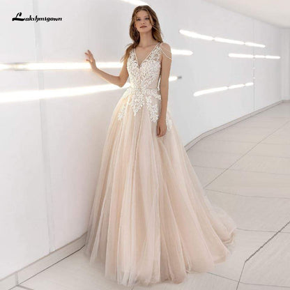 Lakshmigown Classic Champagne Wedding Dress V-Neck Lace Appliques Princess Tulle Long Bridal Dress 2021 Receipt Wedding Gowns - ROYCEBRIDAL OFFICIAL STORE