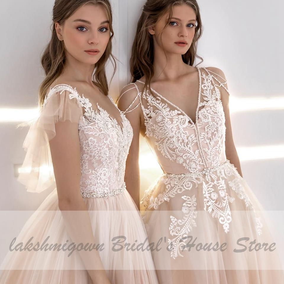 Lakshmigown Classic Champagne Wedding Dress V-Neck Lace Appliques Princess Tulle Long Bridal Dress 2021 Receipt Wedding Gowns - ROYCEBRIDAL OFFICIAL STORE