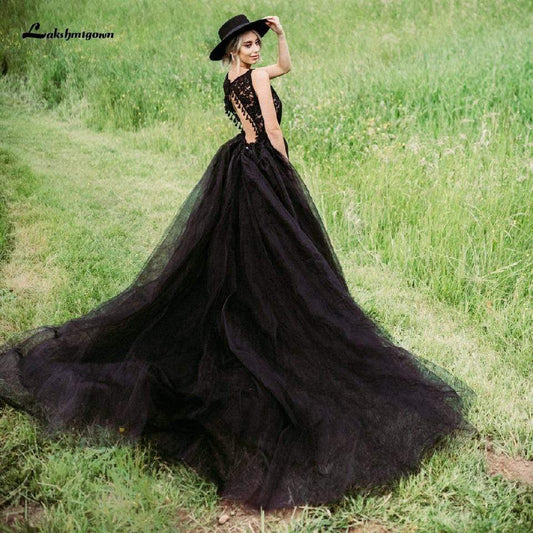 Lakshmigown Gothic Black Wedding Dress Sexy Bridal Dress Lace= - ROYCEBRIDAL OFFICIAL STORE