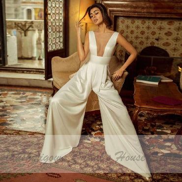 Lakshmigown Ivory Satin Wedding Jumpsuit Bride Gowns V-Neck Backless A line - ROYCEBRIDAL OFFICIAL STORE