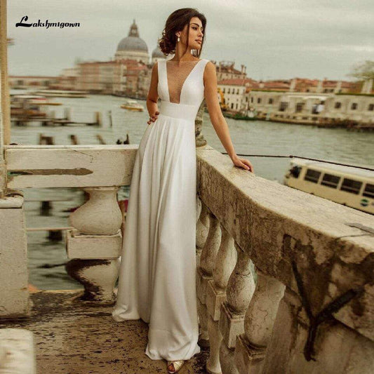 Lakshmigown Ivory Satin Wedding Jumpsuit Bride Gowns V-Neck Backless A line - ROYCEBRIDAL OFFICIAL STORE